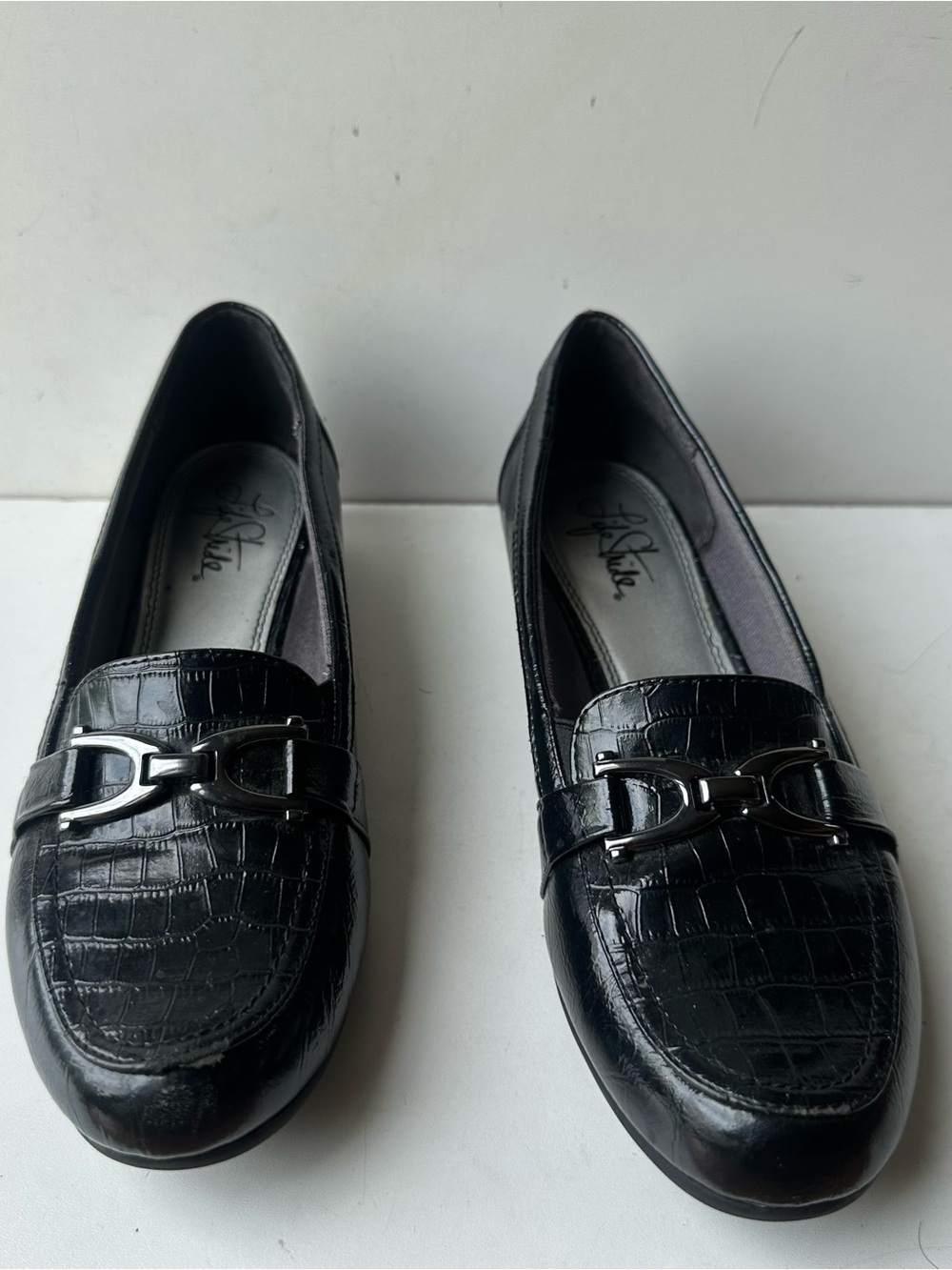 LifeStride Women’s Black Patent Croc Embossed Horsebit Loafers Comfort US 6.5